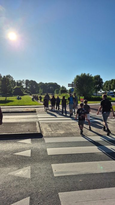 Zonneschijn boven een drukke straat met wandelaars op een zebrapad.