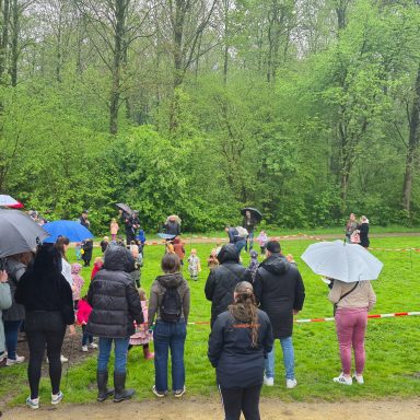 Groep mensen met paraplu's kijkt naar een voorstelling in een groene omgeving.